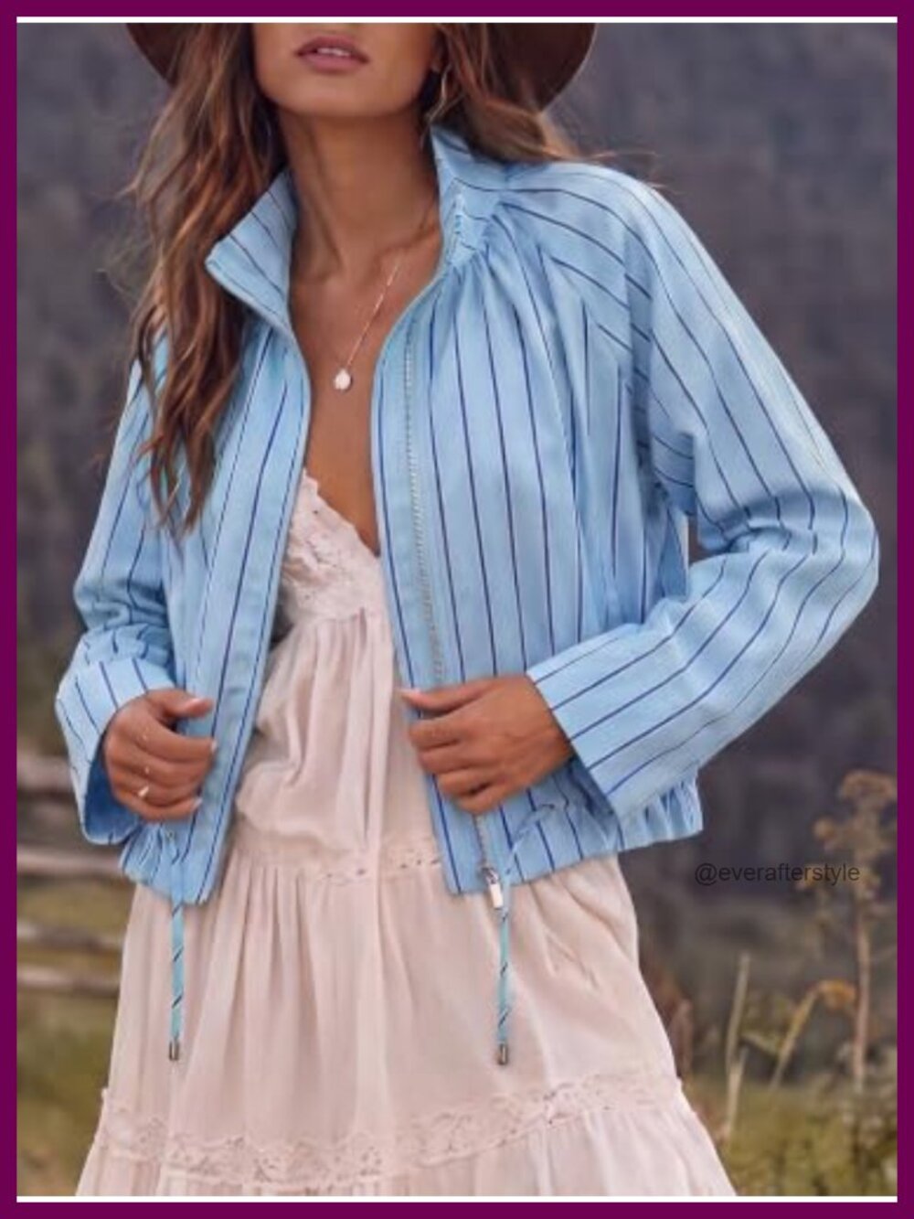 Fisoew Striped Zip Up Cropped Jacket Stand Collar Casual Fall Coat - Picture 4 of 5